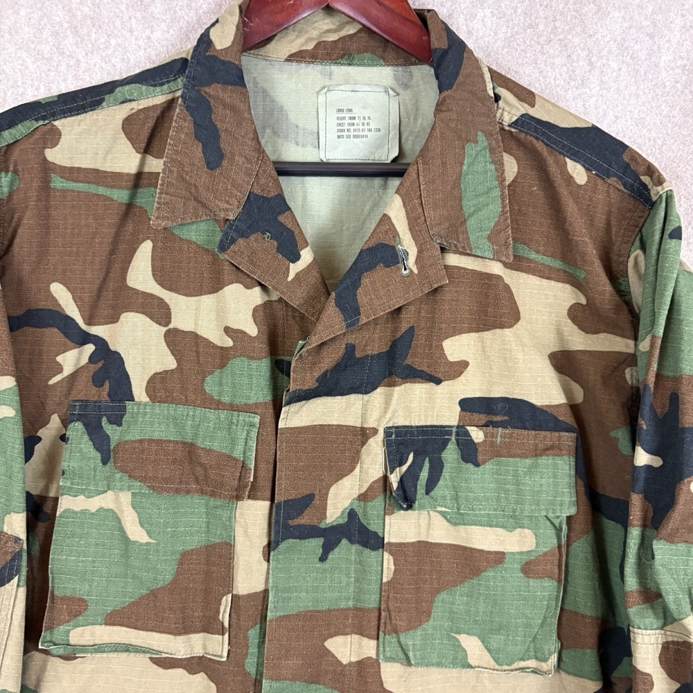 Vintage Woodland Camo BDU Coat Large Long 100% Cotton Ripstop Military Jacket - Picture 3 of 13